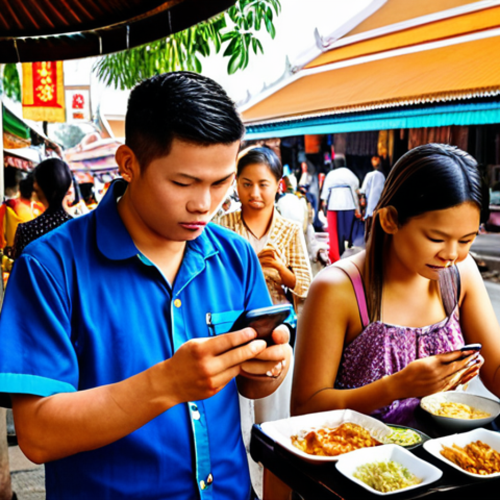 **A diverse group of people using translation apps on their phones while traveling in Thailand, surrounded by vibrant Thai street food stalls and temples.** (Focus: Application of bilingual language processing in daily life, tourism)
