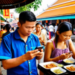**A diverse group of people using translation apps on their phones while traveling in Thailand, surrounded by vibrant Thai street food stalls and temples.** (Focus: Application of bilingual language processing in daily life, tourism)