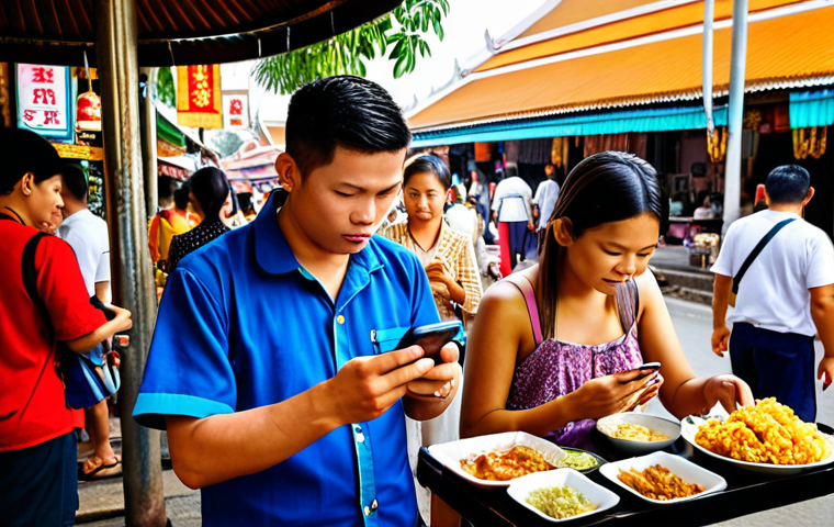 **A diverse group of people using translation apps on their phones while traveling in Thailand, surrounded by vibrant Thai street food stalls and temples.** (Focus: Application of bilingual language processing in daily life, tourism)