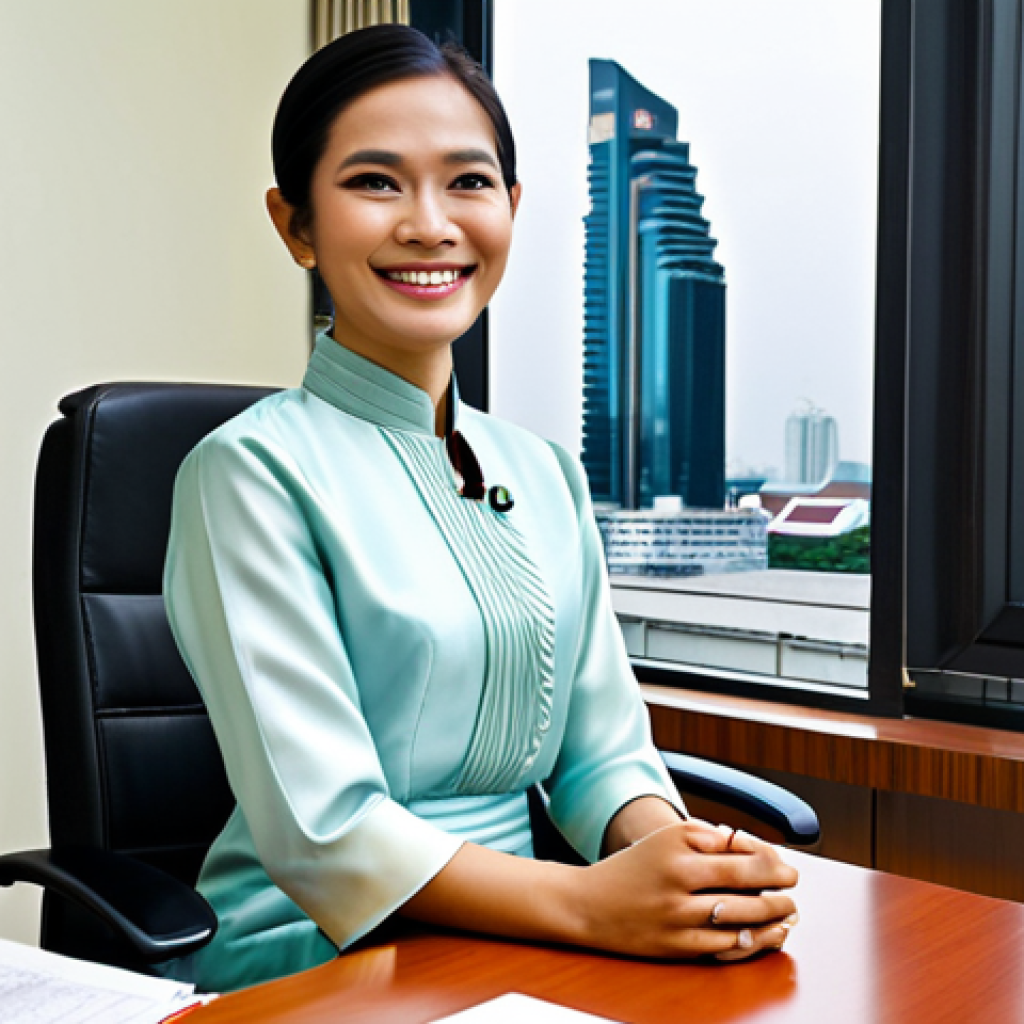 **

A Thai businesswoman in a modest, traditional Thai silk dress (Suea Phraratchathan or similar), smiling warmly at a modern office desk adorned with a small Buddha statue and a Phuang Malai (flower garland). Background: Bangkok cityscape visible through the window. safe for work, appropriate content, fully clothed, professional, modest, family-friendly, perfect anatomy, correct proportions, natural pose, well-formed hands, proper finger count, natural body proportions, high resolution, professional photography.

**