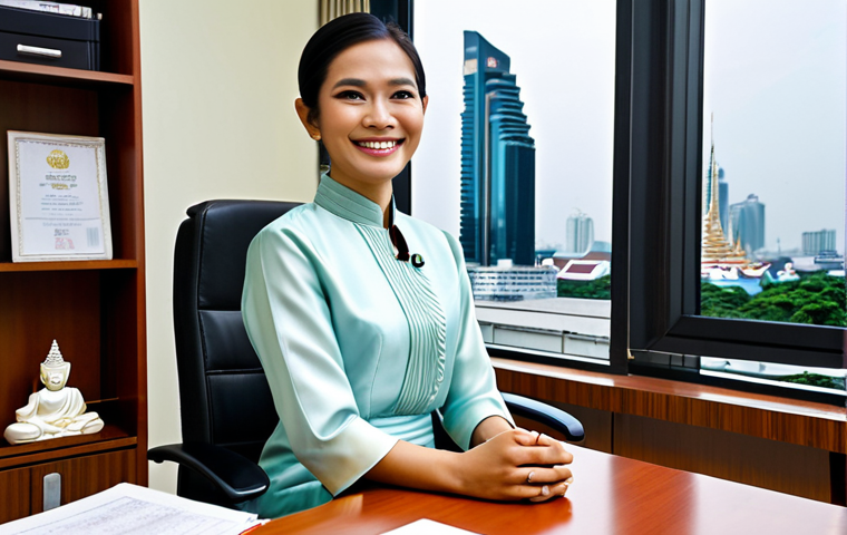 **

A Thai businesswoman in a modest, traditional Thai silk dress (Suea Phraratchathan or similar), smiling warmly at a modern office desk adorned with a small Buddha statue and a Phuang Malai (flower garland). Background: Bangkok cityscape visible through the window. safe for work, appropriate content, fully clothed, professional, modest, family-friendly, perfect anatomy, correct proportions, natural pose, well-formed hands, proper finger count, natural body proportions, high resolution, professional photography.

**