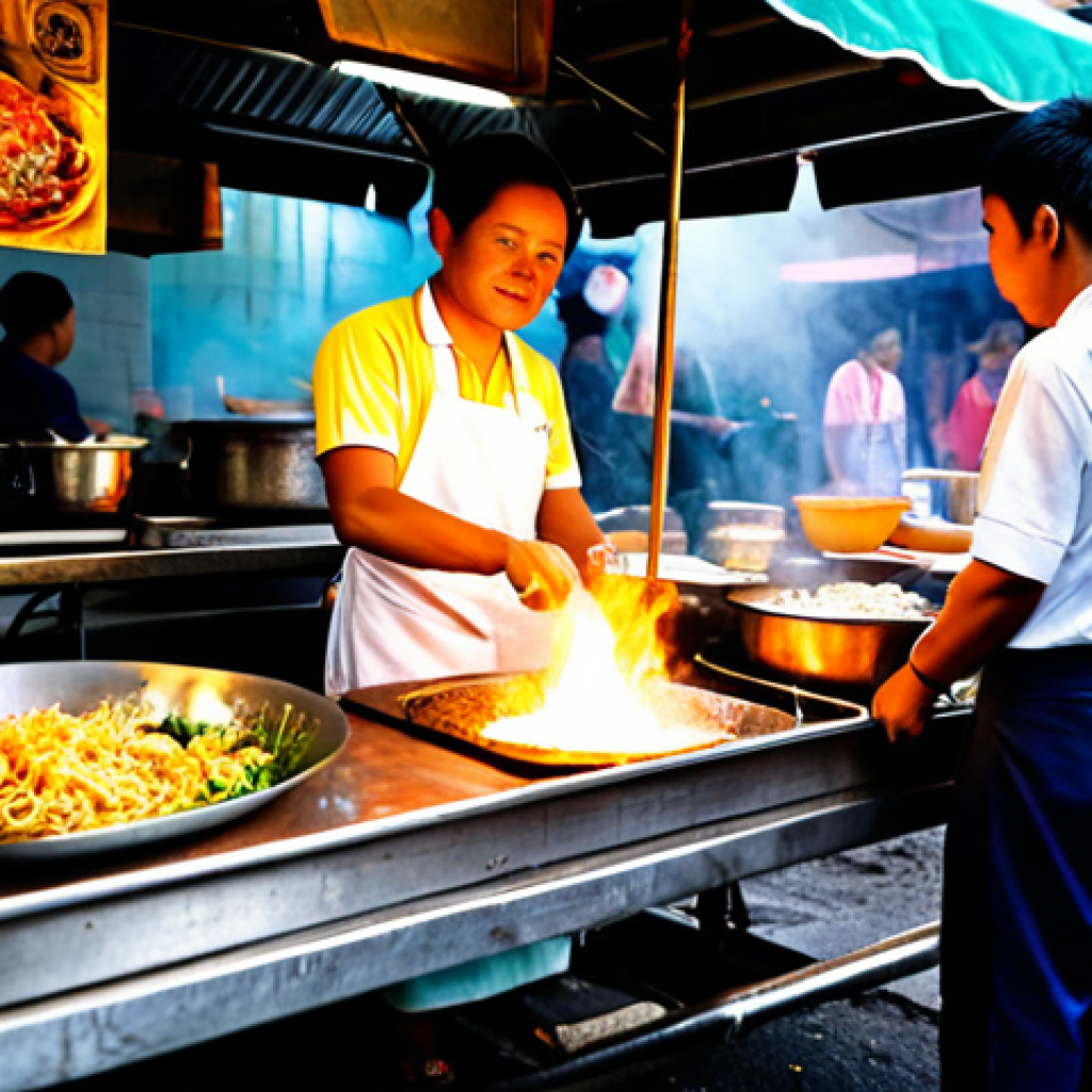 Thai Street Food Vendor**

"A friendly Thai street food vendor, fully clothed in traditional Thai attire, preparing Pad Thai at a colorful food stall in Bangkok's Chinatown, steam rising from the wok, surrounded by customers, appropriate attire, safe for work, perfect anatomy, natural proportions, professional food photography, high quality, family-friendly."

**