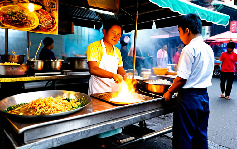 Thai Street Food Vendor**

"A friendly Thai street food vendor, fully clothed in traditional Thai attire, preparing Pad Thai at a colorful food stall in Bangkok's Chinatown, steam rising from the wok, surrounded by customers, appropriate attire, safe for work, perfect anatomy, natural proportions, professional food photography, high quality, family-friendly."

**