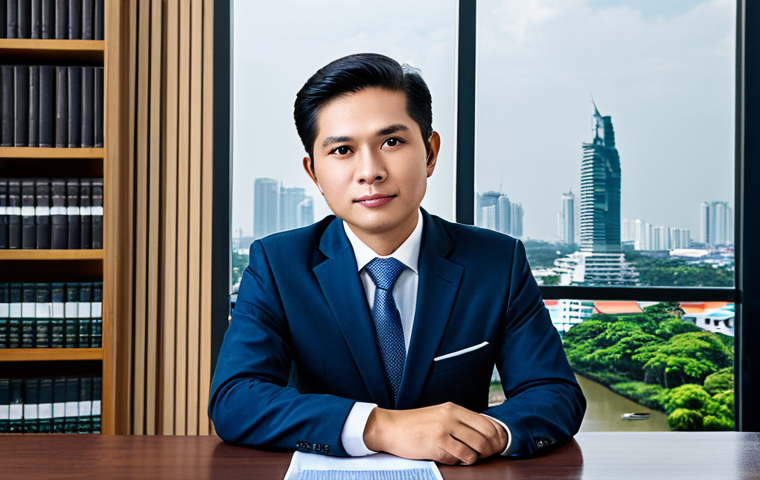 **

A professional Thai lawyer in a modest business suit, sitting at a desk in a modern law office in Bangkok, fully clothed, appropriate attire, safe for work, perfect anatomy, natural proportions, professional photography, high quality. The office has a view of the Chao Phraya River.

**