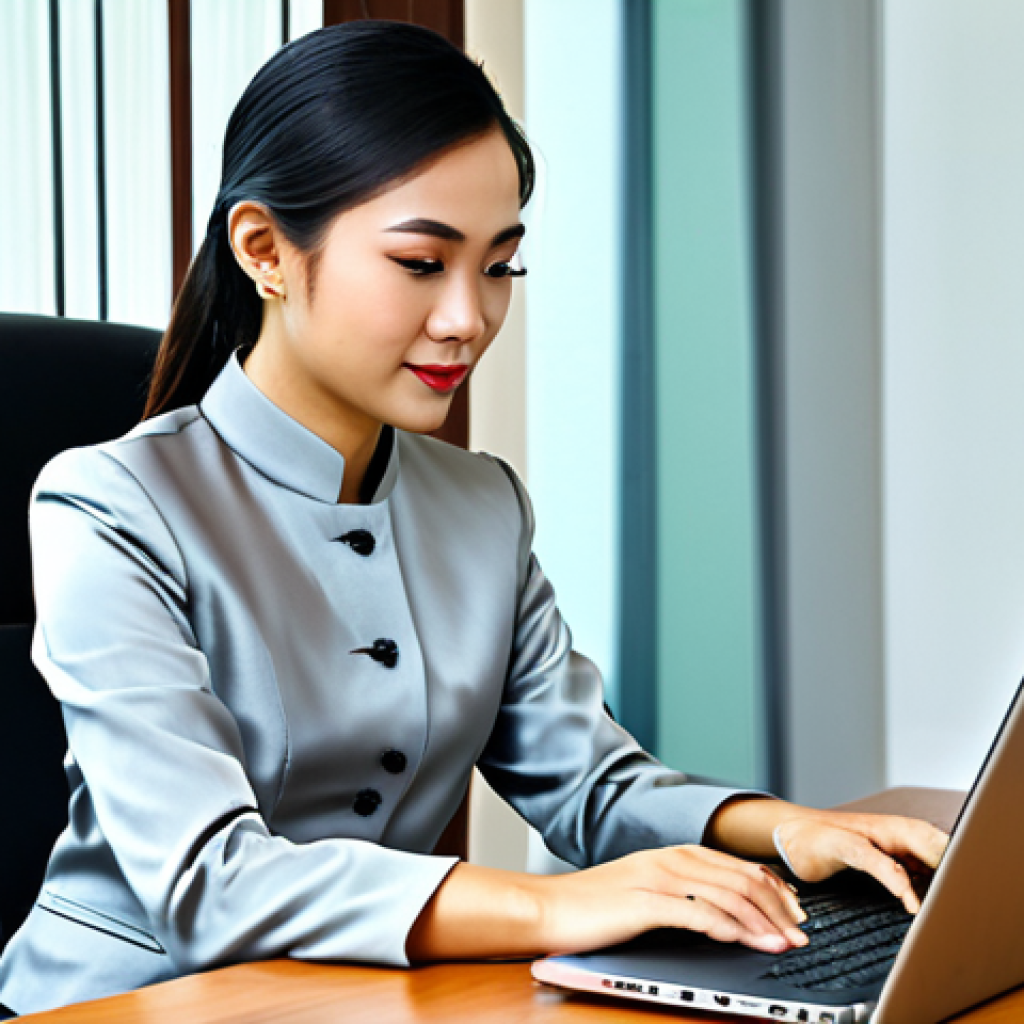 Modern Thai Professional**

A Thai businesswoman in a modern, modest Thai silk dress, working on a laptop in a stylish Bangkok office, fully clothed, appropriate attire, safe for work, perfect anatomy, natural proportions, professional photography, high quality.

**