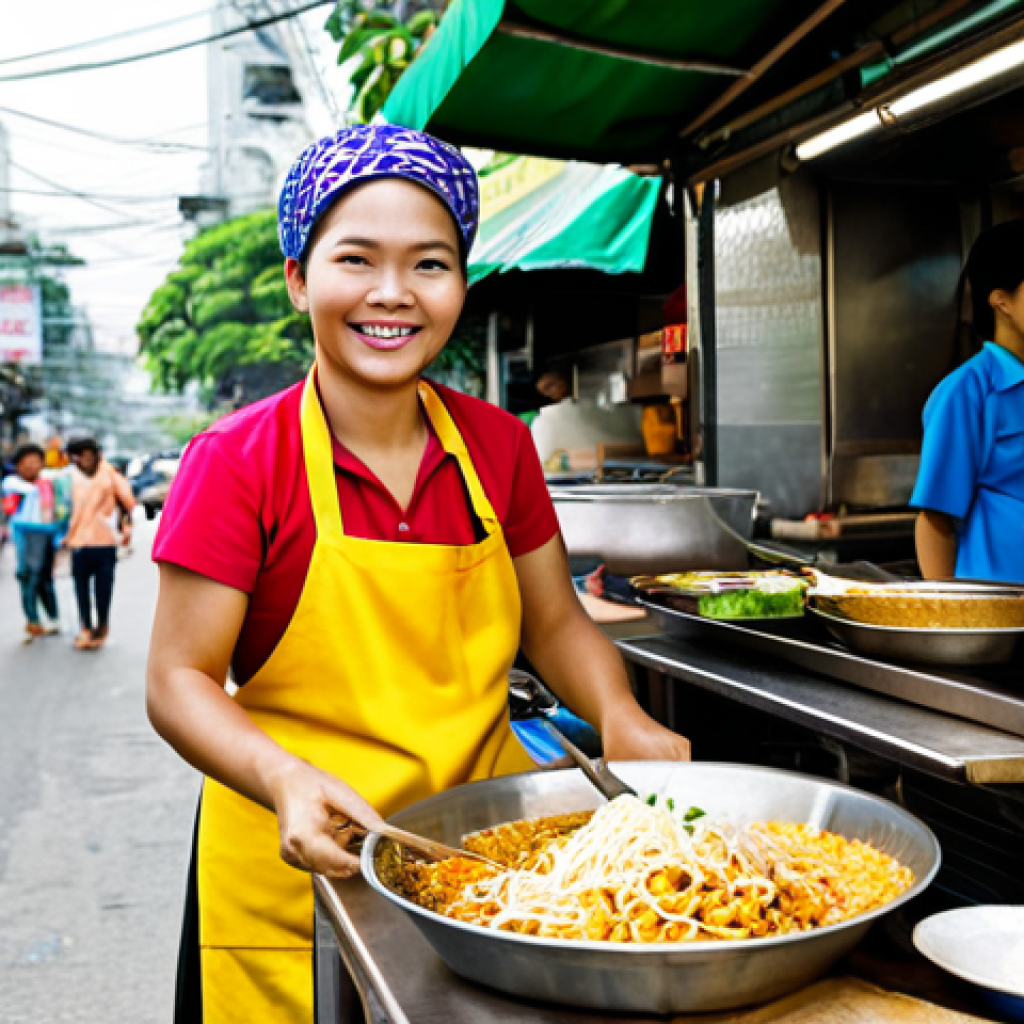 인터넷 언어 연구 - Thai Street Food Vendor**
"A professional photograph of a friendly Thai street food vendor in Bangk...