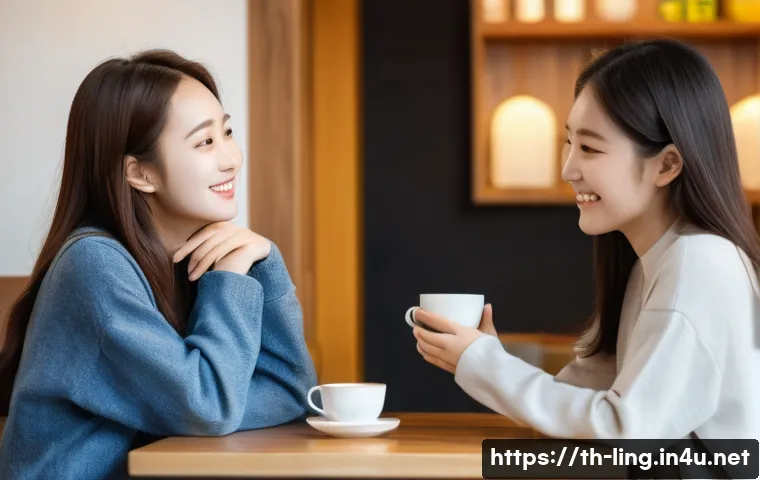 한국어 의미론 - **Prompt:** A heartwarming scene in a cozy, modern Korean cafe. Two young Korean women, one appearin...