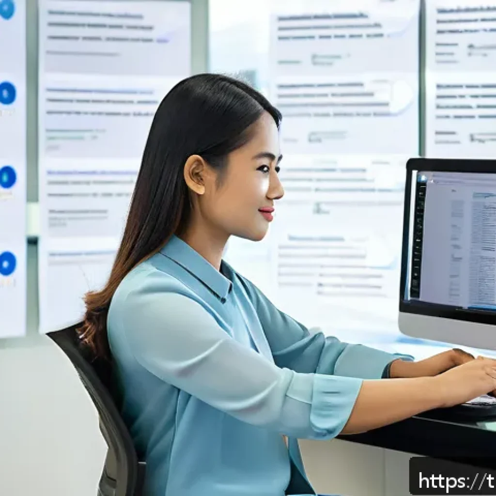 문법 오류 탐지 AI - A modern Thai office workspace showing a young professional woman using a laptop with an AI-powered ...