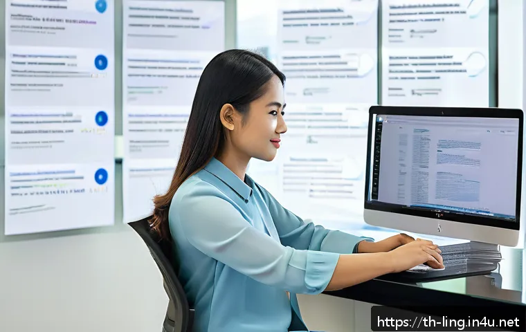 문법 오류 탐지 AI - A modern Thai office workspace showing a young professional woman using a laptop with an AI-powered ...
