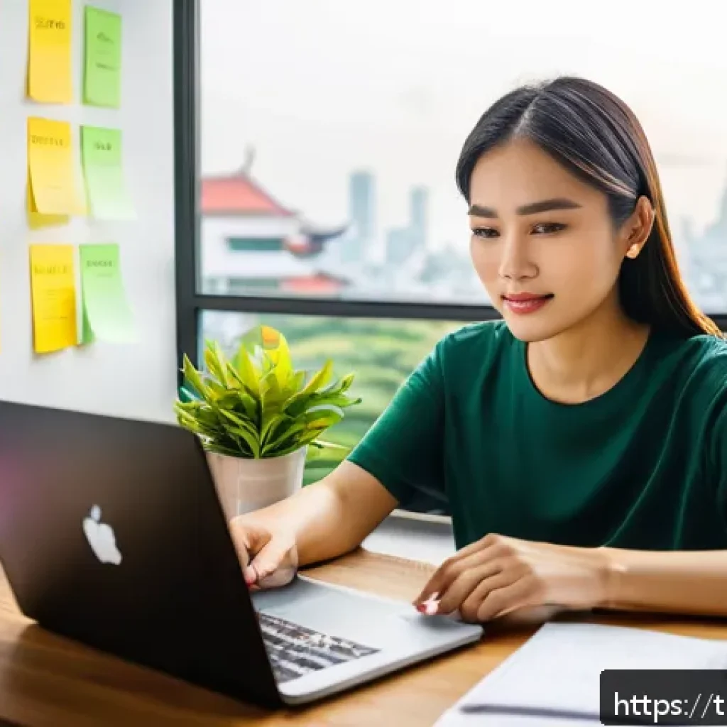 언어와 소셜 미디어 - A vibrant digital marketing workspace scene featuring a confident young Thai woman sitting at a mode...