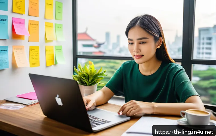 언어와 소셜 미디어 - A vibrant digital marketing workspace scene featuring a confident young Thai woman sitting at a mode...