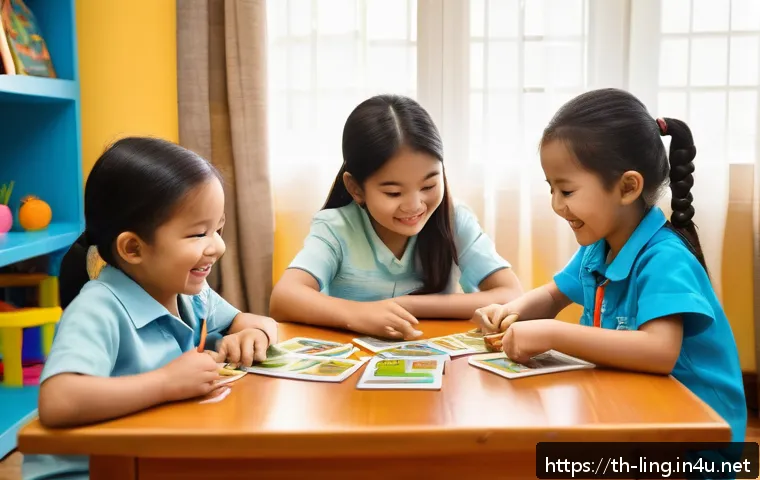 언어 재활 치료 - A lively and colorful classroom scene in a Thai home setting, featuring young children aged 4-7 play...