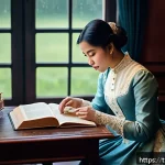 Home 19 소설 속 언어 분석 - A classic literary scene depicting a Victorian-era study room filled with antique books and ornate w...