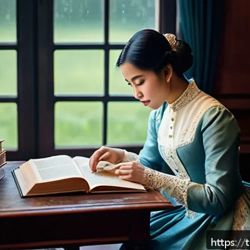 Home 31 소설 속 언어 분석 - A classic literary scene depicting a Victorian-era study room filled with antique books and ornate w...
