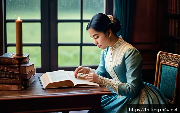 소설 속 언어 분석 - A classic literary scene depicting a Victorian-era study room filled with antique books and ornate w...