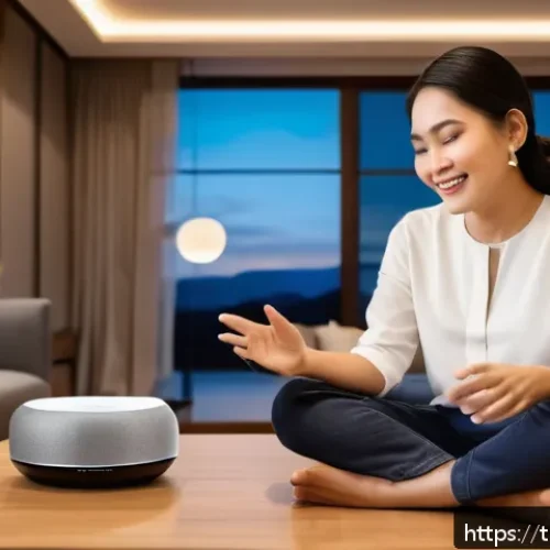Home 30 음성 인터페이스 설계 - A modern Thai household scene featuring a middle-aged Thai woman using a voice-controlled smart home...