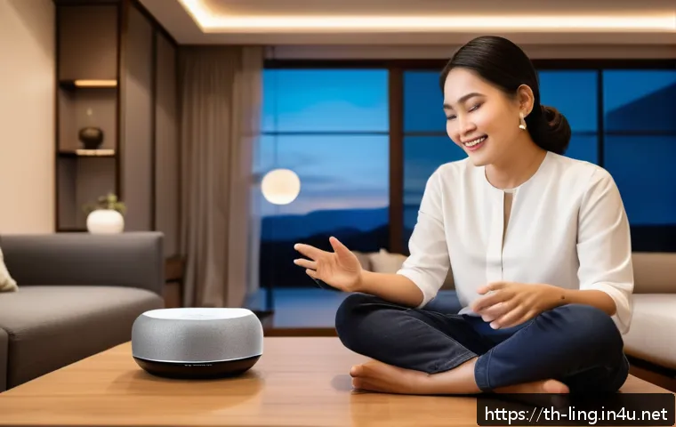 음성 인터페이스 설계 - A modern Thai household scene featuring a middle-aged Thai woman using a voice-controlled smart home...