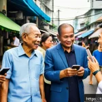 Home 23 사회언어학 개념 - A vibrant street scene in Bangkok showing diverse groups of people communicating in Thai, highlighti...