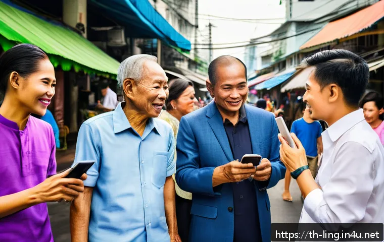 사회언어학 개념 - A vibrant street scene in Bangkok showing diverse groups of people communicating in Thai, highlighti...