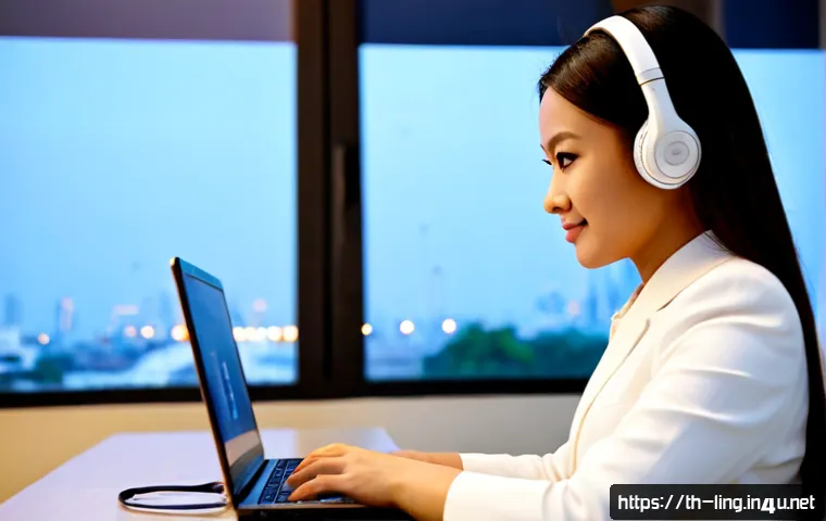 AI 기반 번역 기술 - Photorealistic modern Bangkok workspace, Thai businesswoman in modest professional attire using a la...
